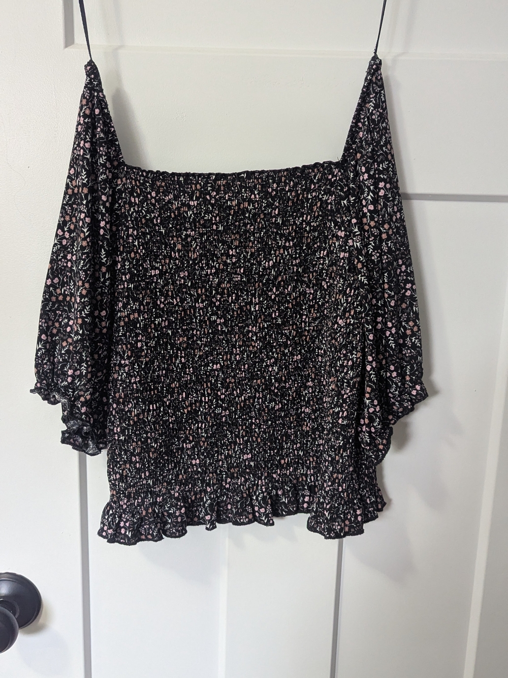 Smocked Off-Shoulder Crop Top in Black with Pink Floral